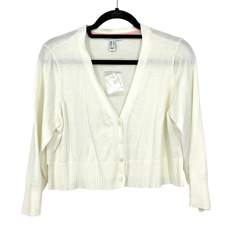 Isaac Mizrahi Live 3/4 Sleeve V-Neck Cropped Cardigan Sweater Womens M Cream NEW